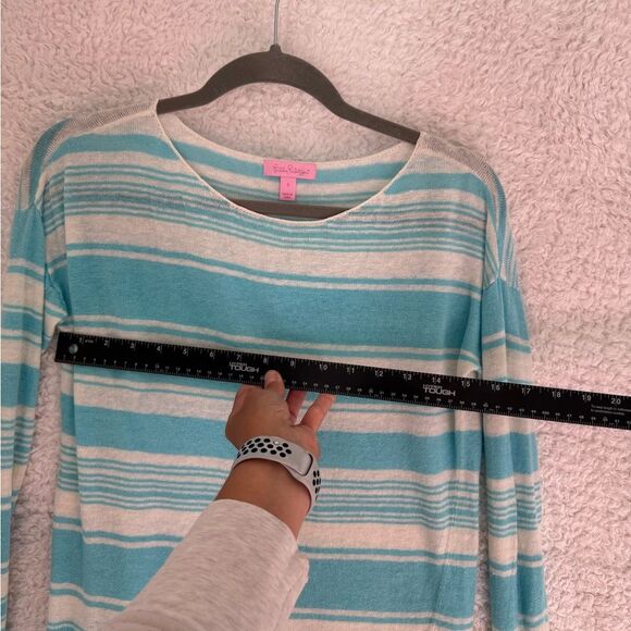 small- Lilly Pulitzer Teal and white Striped Long Sleeve Top linen sweater - Picture 7 of 8